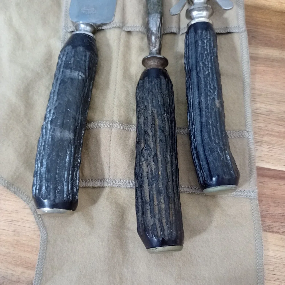 Vintage Universal Black Stag Antler Handled 3 Pc Stainless Resistain Carving Set